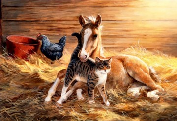 動物 Painting - 納屋の馬猫鶏